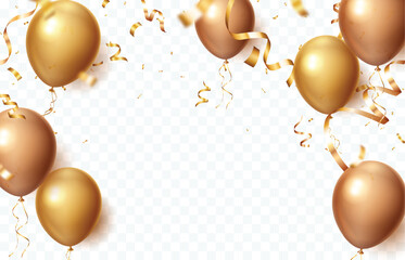 Gold confetti and ribbon celebrations balloons, isolated on transparent background