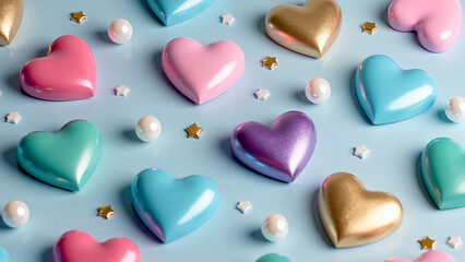 Fototapeta premium Colorful glossy hearts and decorative elements