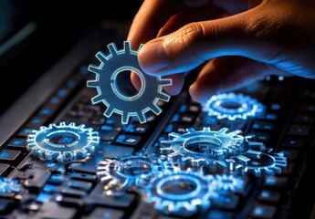 Obraz premium Hand Adjusts Transparent Gear on Keyboard in Digital Workspace