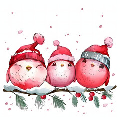Funny chibi pink red birds with cute smile, watercolor, ink, cartoon style, white background. Cute pink red bird isolated on a white background. Smiling characters for childish design.