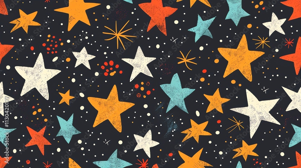 Canvas Prints a seamless pattern of colorful stars on a dark background.