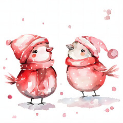 Funny chibi pink red birds with cute smile, watercolor, ink, cartoon style, white background. Cute pink red bird isolated on a white background. Smiling characters for childish design.