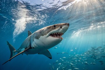 Naklejka premium Stunning Close-Up of a Great White Shark Gliding Through Crystal Clear Waters Capturing the Majesty and Power of One of Nature's Most Impressive Marine Predators
