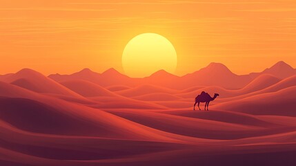 Fototapeta premium Silhouette camel in a desert landscape at sunset.