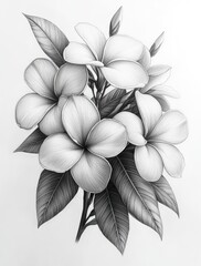 Obraz premium Detailed grayscale illustration of plumeria flowers and leaves.