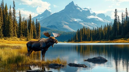 Majestic moose stands by a serene mountain lake, surrounded by lush autumn foliage and towering peaks.