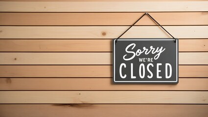 Sorry we're closed sign board on wooden background with empty copy space. Perfect for marketing, business, retail store, office.