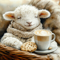 Adorable lamb wrapped in a warm scarf, enjoying a latte and cookie in a cozy basket, radiating warmth and relaxation