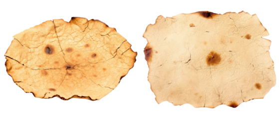 Two pieces of burnt and aged paper isolated with transparent background
