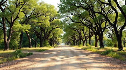 Obraz premium The dirt road stretches out into the distance beneath a canopy of towering deciduous trees, undergrowth, dirt road