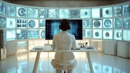 Quantum computing expert in a modern light workspace analyzing complex data on multiple screens for cybersecurity solutions