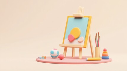 Childrens Art Studio Scene with Colorful Toys and Easel