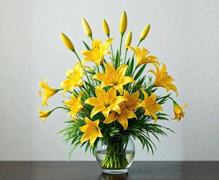 Yellow golden lilies of Allium moly in a vase with fresh greenery , bouquet, golden lily