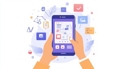 Hands Holding Smartphone with Digital Interface and Icons