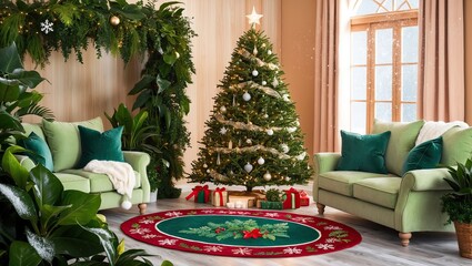Obraz premium Cozy modern home living room interior with christmas tree 