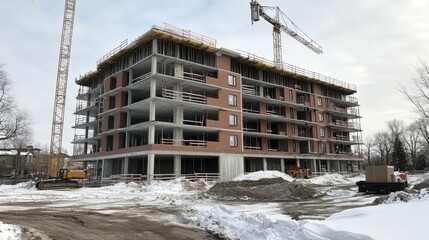 Partially constructed building at a snowy construction site with cranes