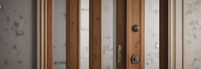 Obraz premium Wooden door with a shell-shaped knob and a mirror above it, wooden entrance, mirror