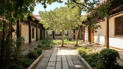Obraz premium A serene courtyard with traditional architectural style, featuring tiled pathways, manicured greenery, and the play of sunlight and shadow. A tranquil retreat within a cultural setting.