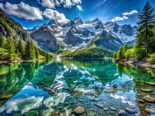 Stunning Macro Photography of a Crystal-Clear Lake Surrounded by Snow-Capped Mountains, Reflecting Majestic Peaks and Lush Greenery Under a Clear Blue Sky