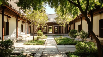 A serene traditional courtyard with lush trees, pathways, and symmetrical architecture, evoking a sense of peace and balance in an East Asian style garden.