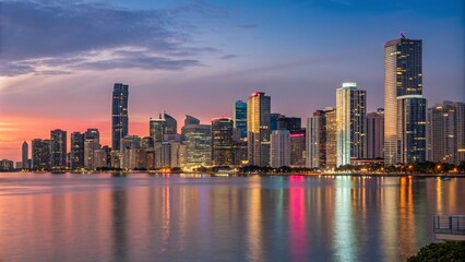 Obraz premium Stunning Miami Skyline Over Biscayne Bay: A High-Resolution View with Reflections in the Water, Perfect for Travel and Cityscape Photography Enthusiasts