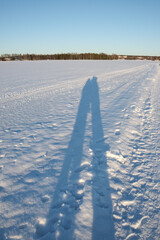 Long shadows cast on a snowy landscape in Mora, Dalarna during winter season