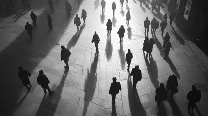 Abstract silhouettes of people walking through smoky urban streets