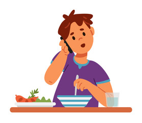 Boy eating lunch and talking by smartphone flat vector illustration isolated on white. Gadget addiction problem.