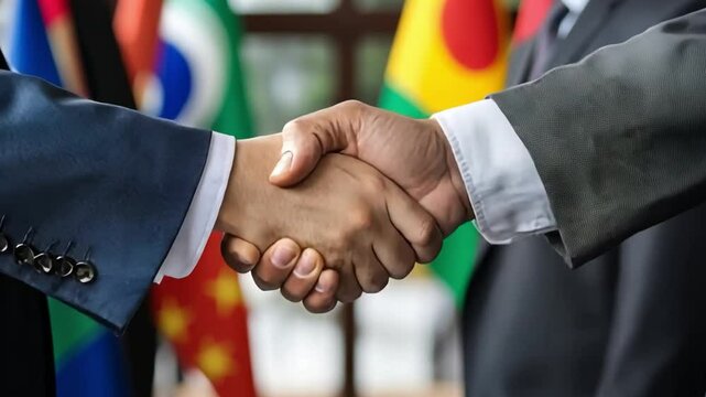 Member country relations in BRICS, handshake over national flags. 4k vdo