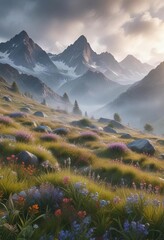 Misty mountain peaks shrouded in fog amidst an alpine meadow landscape with grasses and wildflowers , fog, natural scenery, mountain range