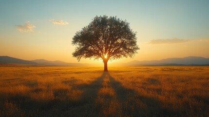 Fototapeta premium Solitary tree silhouetted against a vibrant sunset over a golden field.