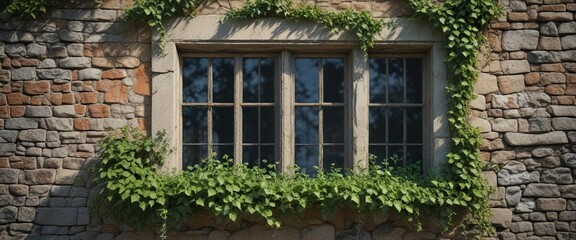 Old stone window frame partially covered by ivy , window, old stone, natural