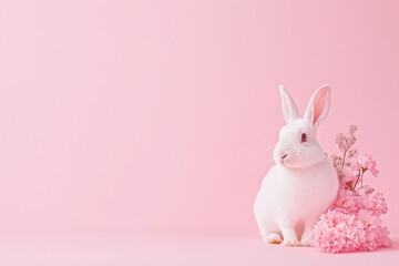 Obraz premium A fluffy white rabbit sits quietly next to soft pink blossoms, creating a tranquil and whimsical ambiance