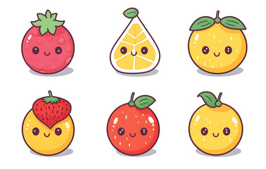 Fototapeta premium Super cute illustrations of fruits and vegetables with cartoon faces.