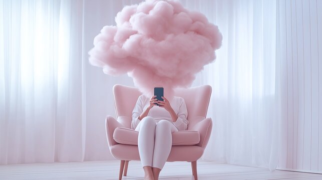Woman holding phone surfing internet watching simple funny videos no mental workload brain clutter brain rot empty in head flying in pink clouds