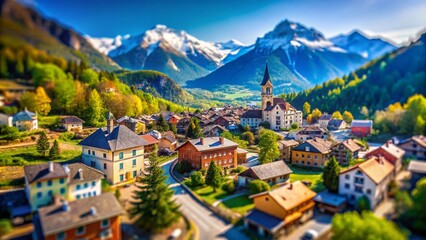 Stunning Tilt-Shift Drone View of Malaussene Village Nestled in the Majestic Alps Surrounded by Lush Greenery and Snow-Capped Peaks, Capturing the Essence of Alpine Life