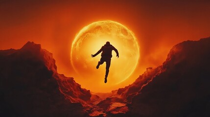 Obraz premium Silhouette of a man leaping toward a giant orange moon over a mountain pass.