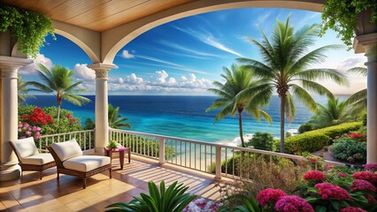 Fototapeta premium Stunning View from a Luxury Villa Balcony Overlooking the Ocean with Lush Tropical Plants, Ideal for Relaxation and Vacation Inspiration, Perfect for Travel and Architecture Photography