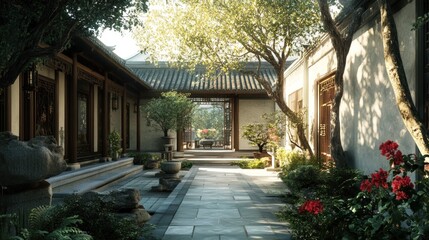 Fototapeta premium A serene traditional Chinese courtyard garden with lush plants, paved path, and classic architectural elements, bathed in warm sunlight.
