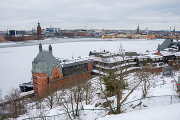 Winter view of Stockholm featuring snow-covered rooftops and frozen waterways