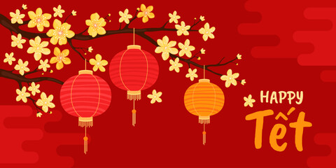Happy Tet. Red round silk or paper Asian lanterns hang on a branch with yellow apricot flowers, red background. Vietnamese or Chinese lanterns. Lunar New Year. Spring sakura, cherry or apple flowers.