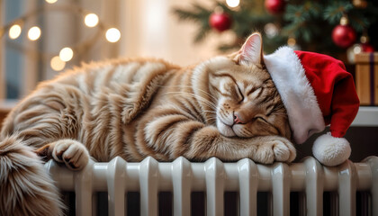 A tabby cat wearing a Santa hat sleeps peacefully on a warm radiator, surrounded by the festive glow of Christmas lights