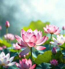 Obraz premium Pink lotus flower in the midst of other blooming flowers, blooming flowers, pink lotus, serene landscape