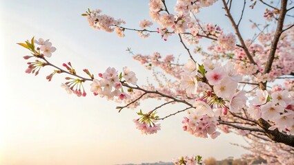 Watercolor blooming cherry blossom tree in spring, nature-inspired art, watercolor painting, spring scenery, floral motifs, botanical illustration