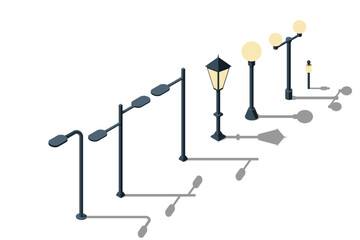 Set of light lamp pillar. Isometric street light. Isometric icon of a park light. Light pillar icon. Isometric outdoor lighting