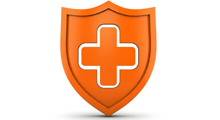An orange shield icon with a bold outlined cross, representing health and security in a modern design