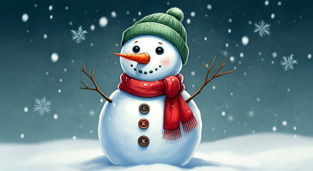 Fototapeta premium A smiling snowman wearing a green hat and red scarf, standing in a snowy field with falling snowflakes