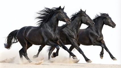Fototapeta premium Surreal Scene of Majestic Black Horses Galloping in Unison Against a Dreamlike Backdrop, Capturing the Essence of Freedom and Power in a Breathtaking Display of Nature's Beauty