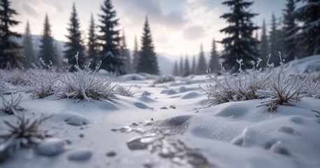 Freshly fallen snowflakes gently falling onto a winter landscape, winter landscape, natural beauty
