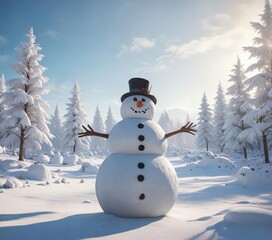 Obraz premium Frosty snowy landscape with a large snowman in the center, mountain, peaceful, wintry scene